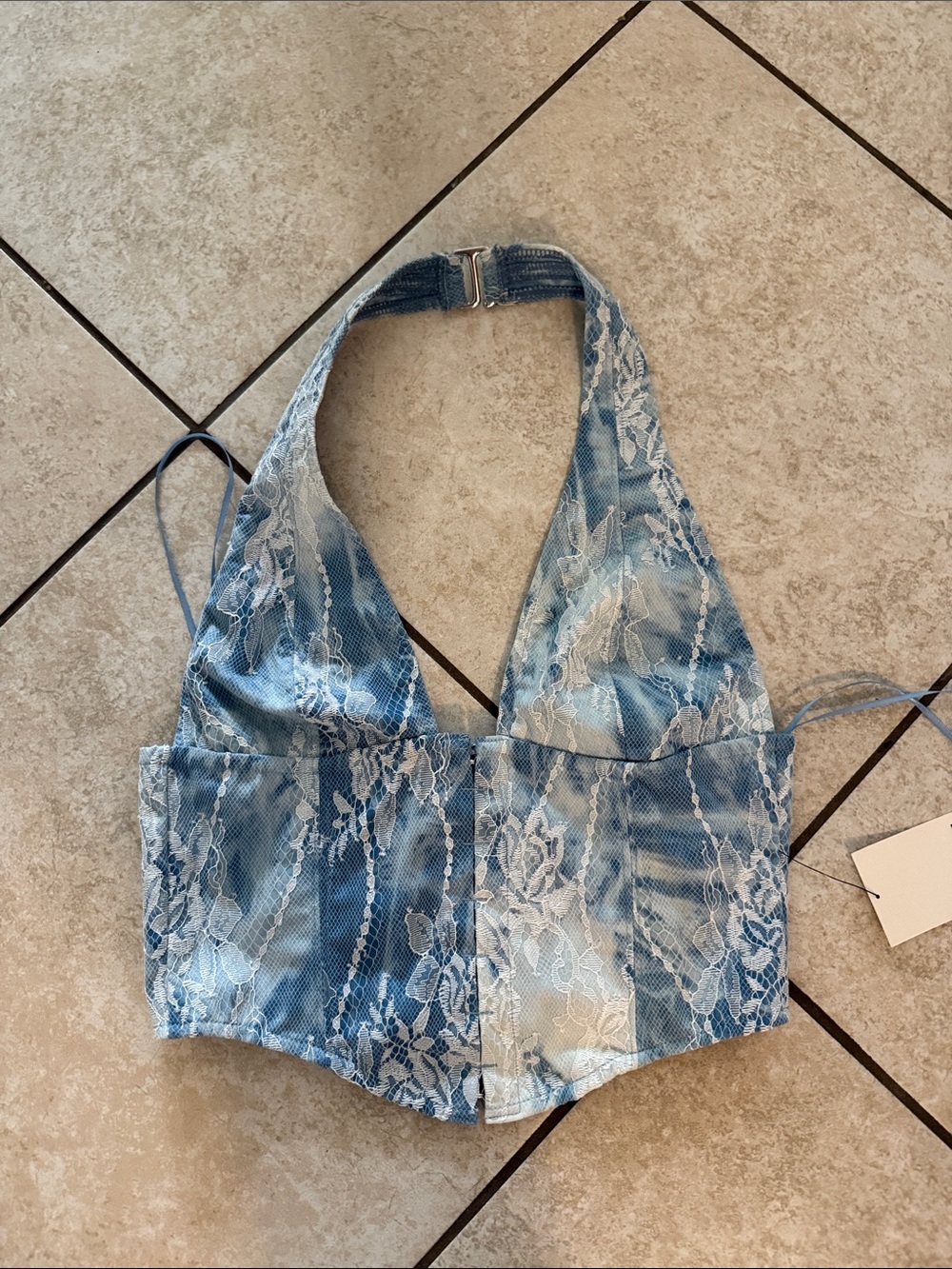 Edikted Light Blue and White Lace Halter One-Piece Bodysuit